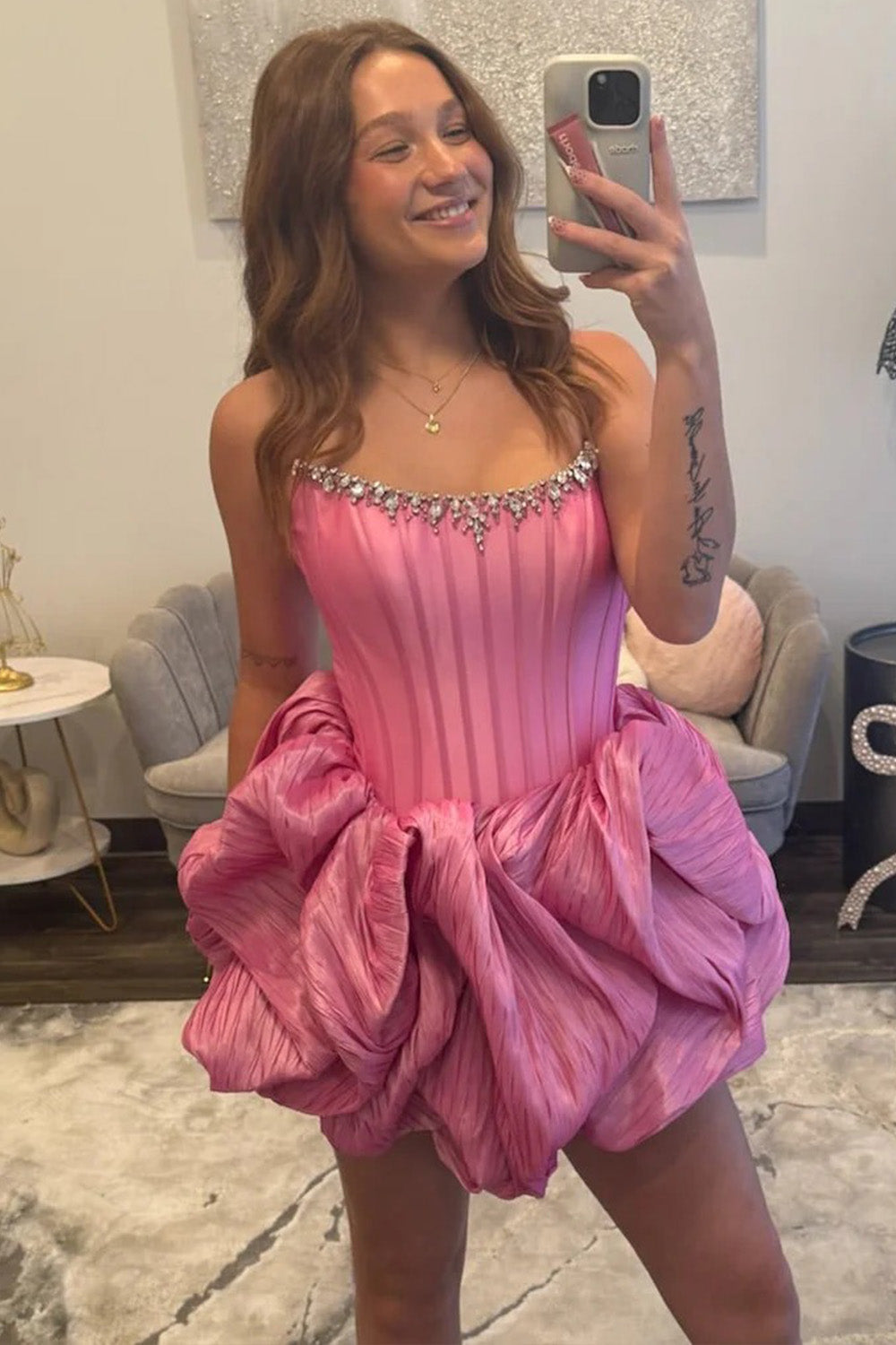 Sweety A Line Strapless Pink Corset Homecoming Dress with Beading
