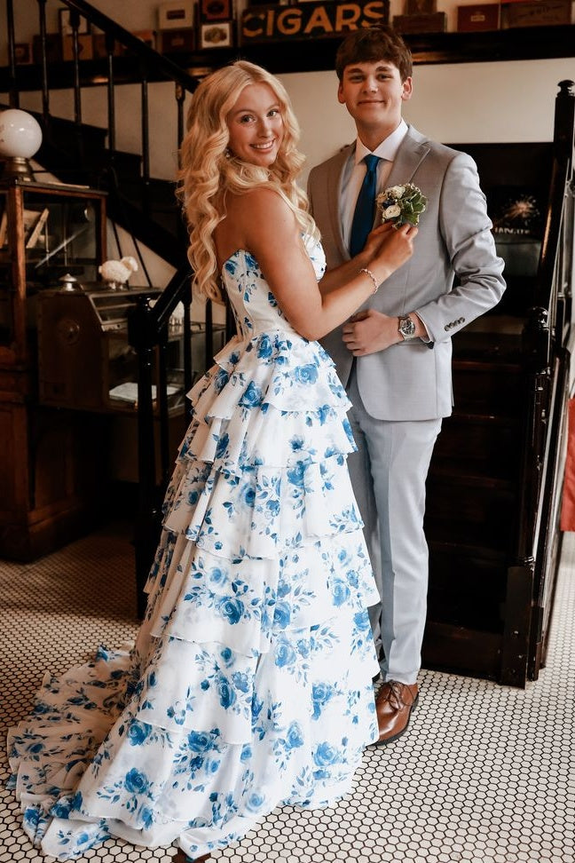 Sweety A Line Sweetheart Blue Floral Printed Long Prom Dress with Ruffles - View 2 | VelvetHem