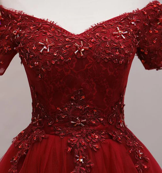 Tulle Dark Red Off The Shoulder Knee Length Homecoming Dress, Red Party Dress - View 4 | VelvetHem
