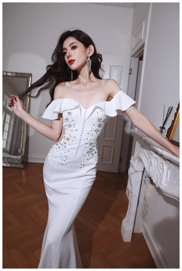 Elegant Off The Shoulder White Satin Appliques Mermaid Evening Dress Long Wedding Guest Dress - View 8 | VelvetHem