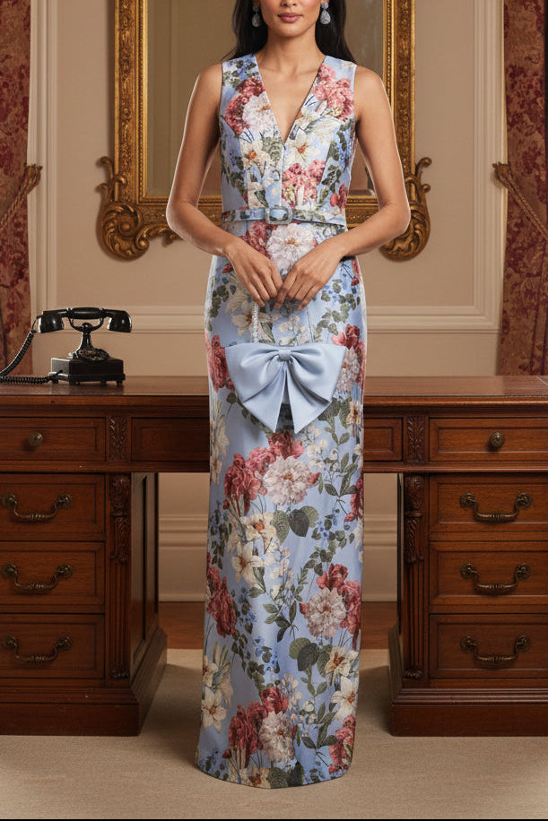 Light Blue Floral V-Neck Sleeveless Maxi Dress