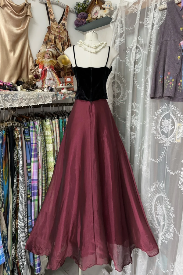 Vintage Burgundy Spaghetti Straps Organza Long Evening Dress Formal Birthday Party Gown - View 3 | VelvetHem
