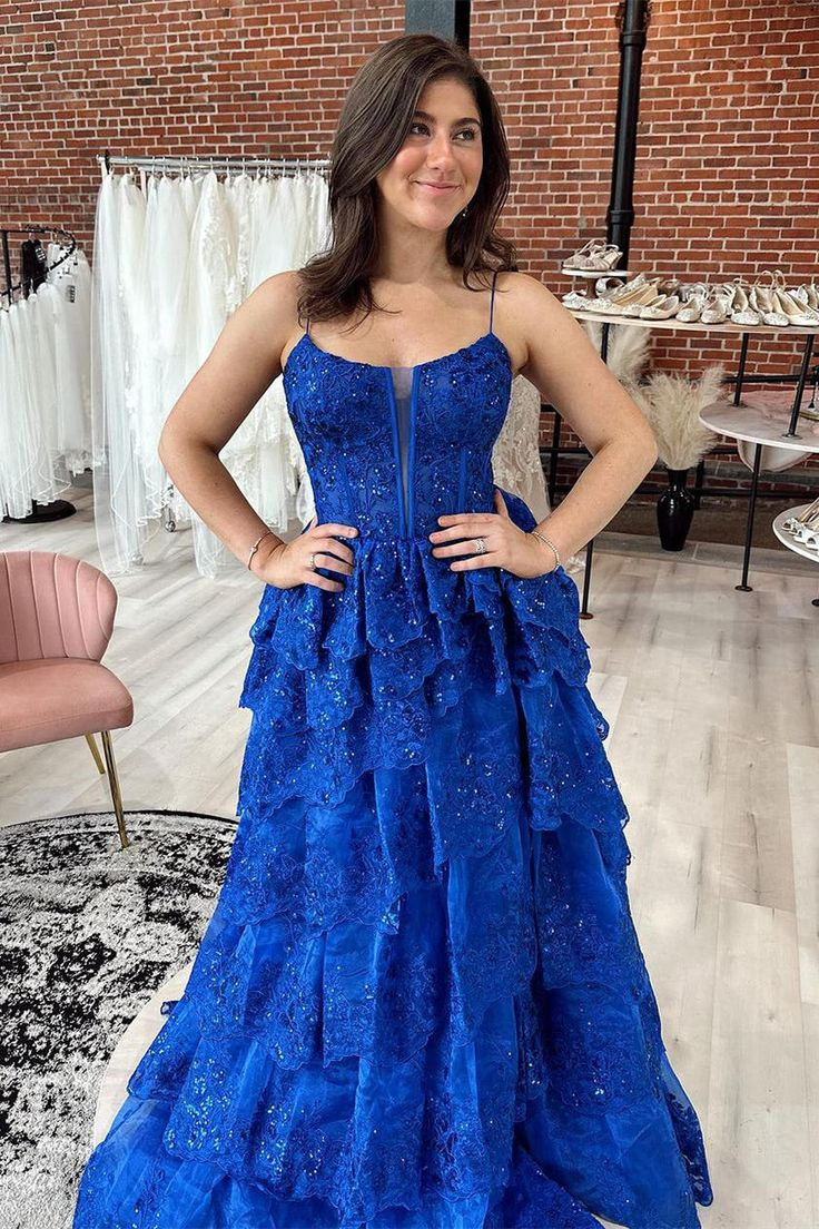 Royal Blue Straps Tiered A-Line Prom Dress with Sequins - View 2 | VelvetHem
