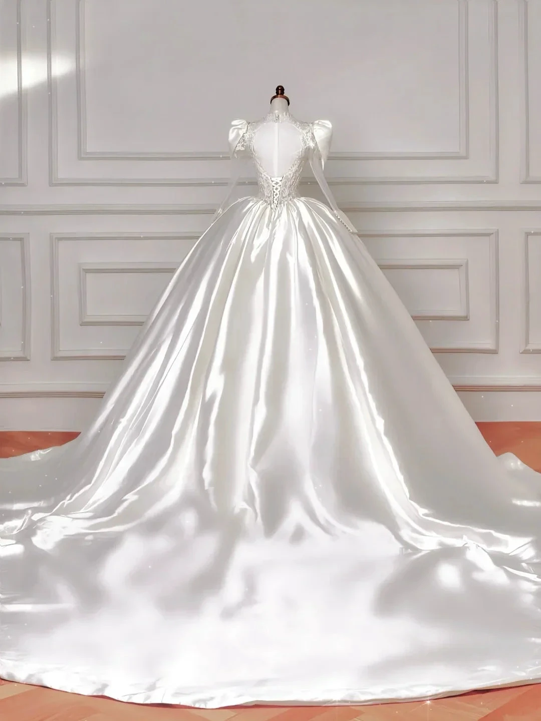 Gorgeous White Satin Lace Appliques A Line Wedding Dress,Formal Prom Dress (ZD13755)