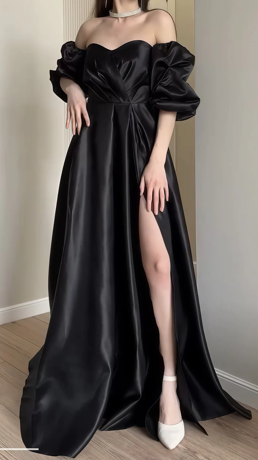 Elegant Black Off The Shoulder Sweetheart A-line Prom Dress With Bubble Sleeves Slit Long Evening Dress Y8283
