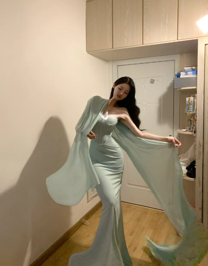 Classy Strapless Light Green Satin Mermaid Party Dress Long Evening Gown - View 2 | VelvetHem