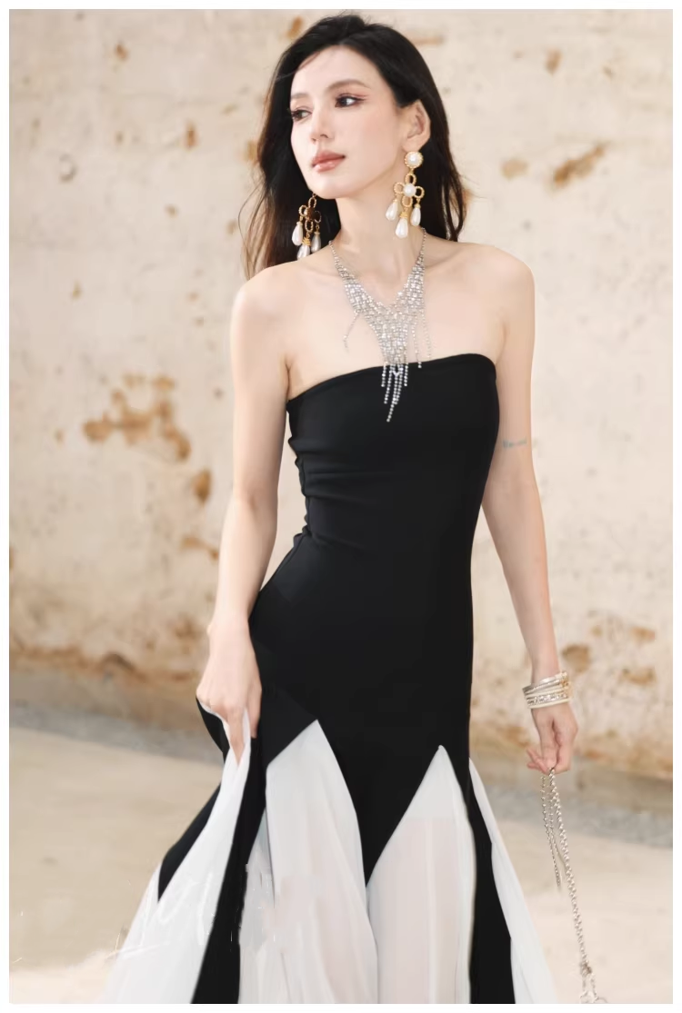Pretty Strapless Satin Chiffon Mermaid Long Evening Dress Formal 17th Birthday Outfits - View 3 | VelvetHem