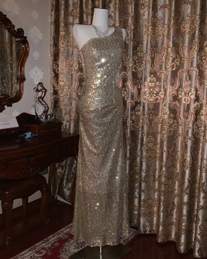 Sparkly Gold One Shoulder Sequin Mermaid Evening Dress Long Party Gown - View 4 | VelvetHem