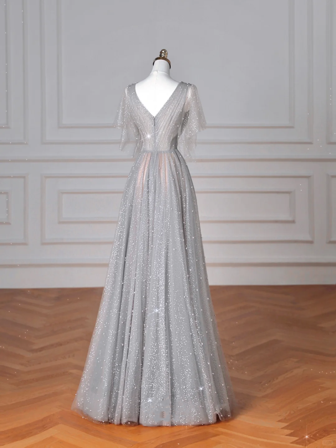 Sparkly Gray Tulle Sequins A Line Prom Dress Sexy V Neck Evening Dress Y8638