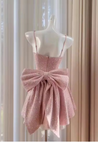 Elegant Pink Big Bow Sequin Short Homecoming Dress Party Dress - View 3 | VelvetHem