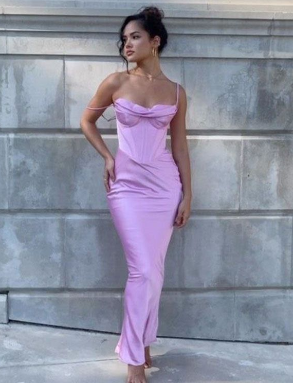 Simple Spaghetti Straps Lavender Satin Evening Dress Sheath Party Prom Dress Y8094