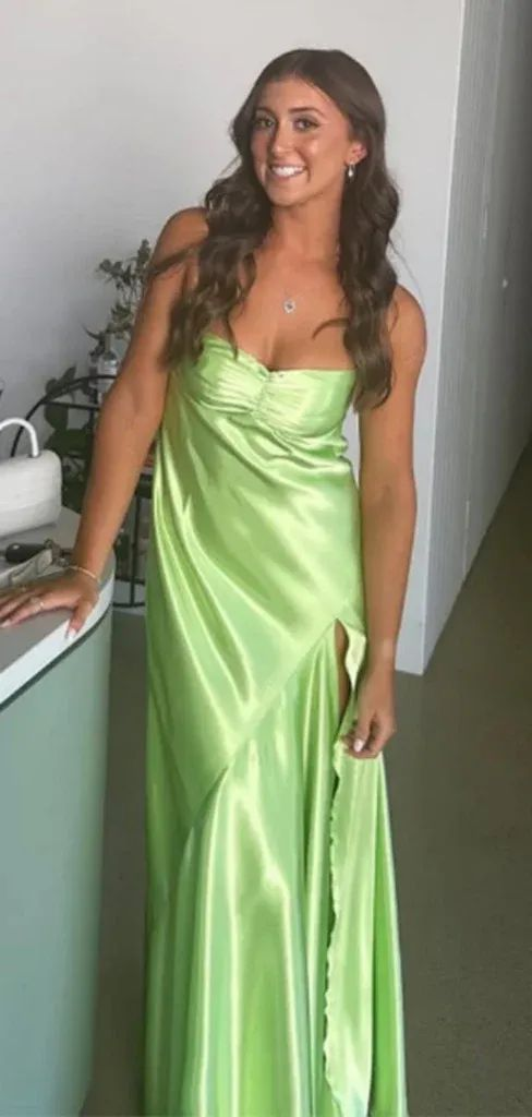 Beautiful Spaghetti Straps Satin Slit Evening Dress Open Back Party Dress - VelvetHem