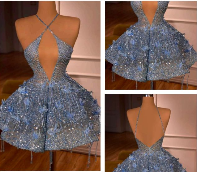 Luxurious Halter Blue Sequin Beaded A Line Short Party Dress Cocktail Dress Formal 7th Grade Homecoming Dress - View 3 | VelvetHem