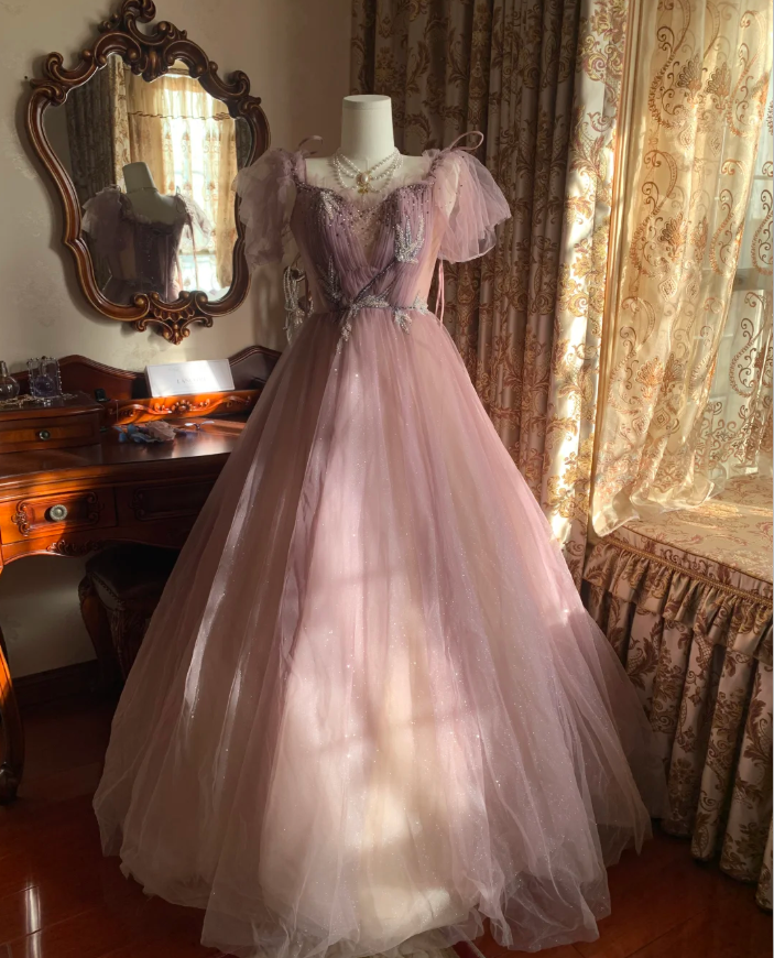 Sweet Tulle Sequin Beaded Ball Gown Pink Long Evening Dress Birthday Party Dress - View 4 | VelvetHem