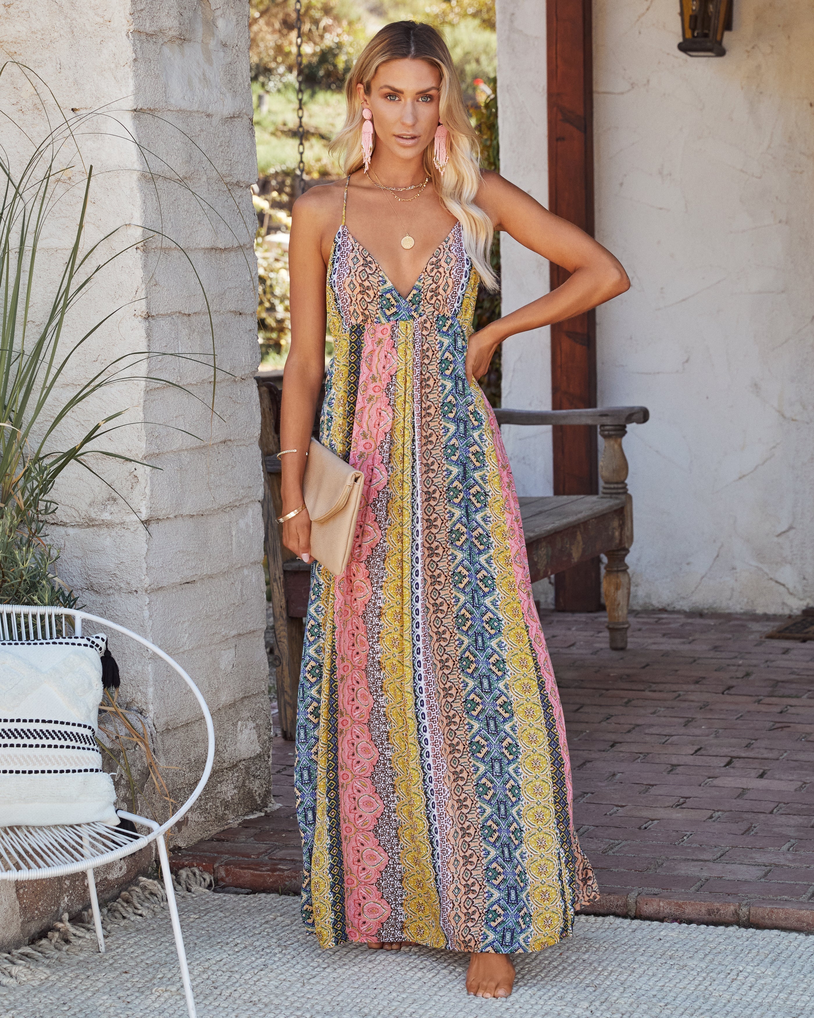 PREORDER Turks + Caicos Printed Shimmer Maxi Dress Pink Multi