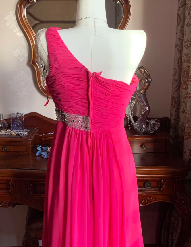 Pretty Rose Red One Shoulder Chiffon Pleated Beaded Evening Dress Long Wedding Guest Dress - View 8 | VelvetHem