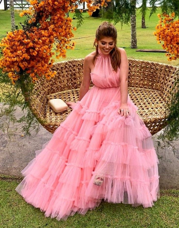 A Line Layered Pink Prom Dresses Long,Pink Formal Evening Dresses - VelvetHem