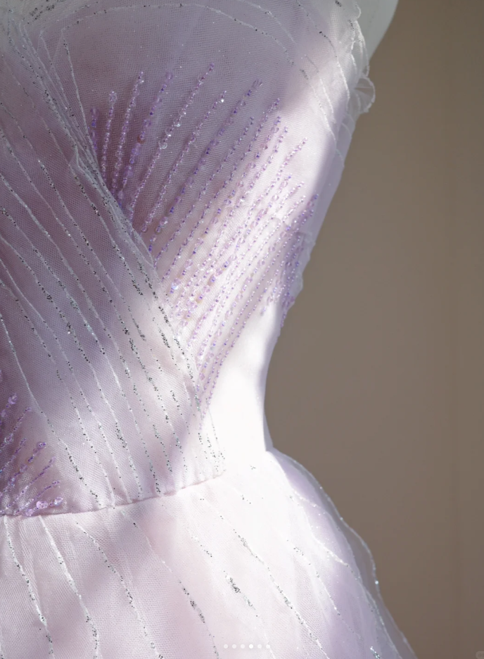 Classy Strapless Lilac Beaded Tulle Ruffles Long Birthday Prom Dress Formal Party Dress - View 4 | VelvetHem