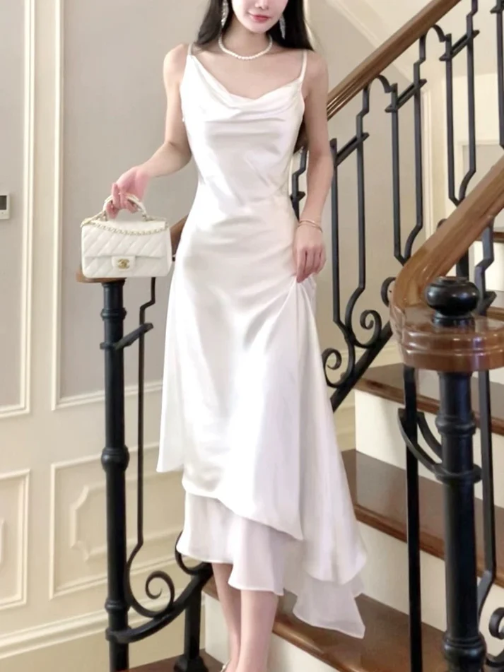 White Satin Ruffle Prom Dress Fairy A Line Wedding Dress