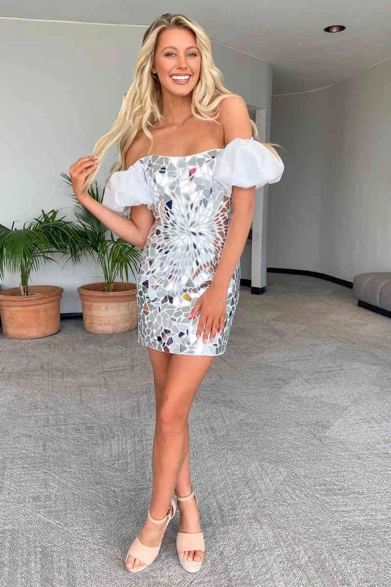 Off the Shoulder Silver Cut Glass Mirror Homecoming Dress (ZD12436) - VelvetHem