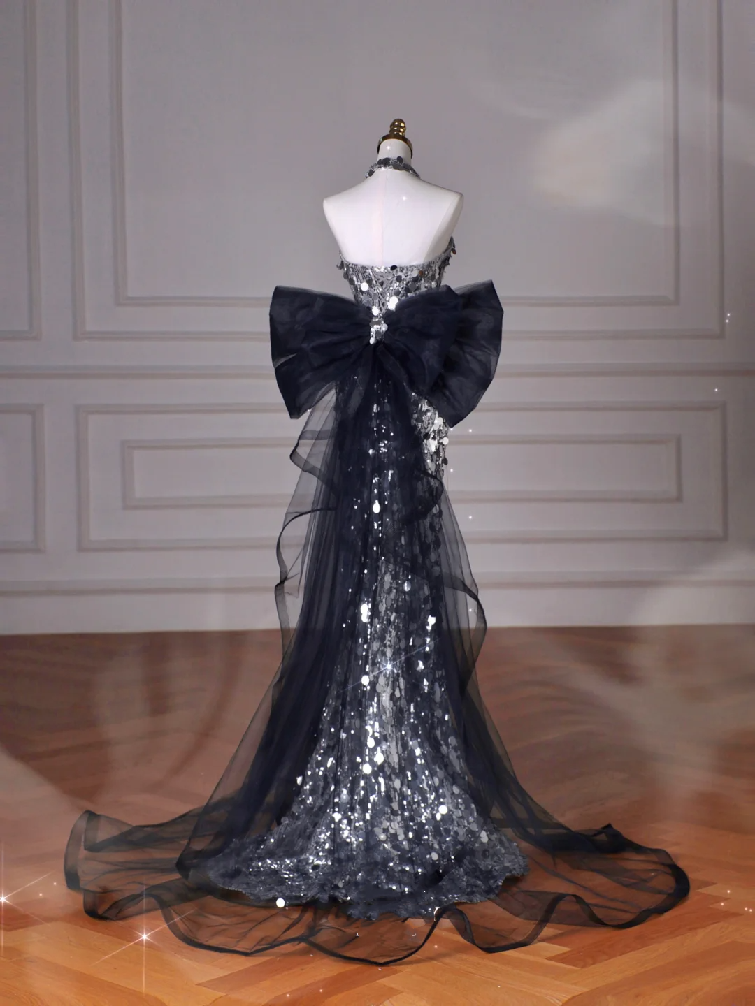 Black Glitter Sequins Tulle Mermaid Prom Dress Strapless Evening Dress With Bow Y8615