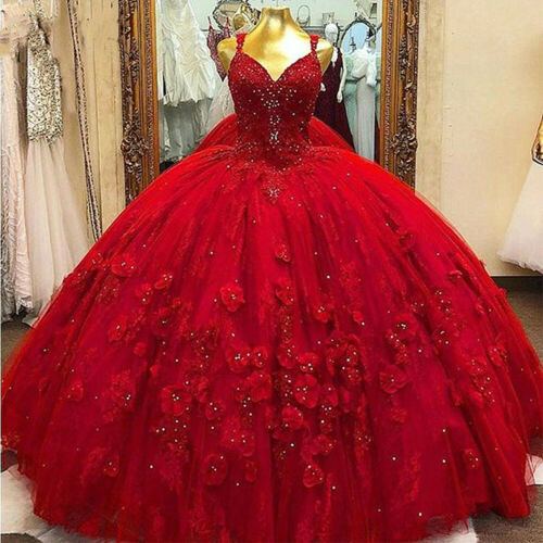 Red V Neck Quinceanera Dresses Spaghetti Straps Beads Flower Sweet 15 Party Gown - VelvetHem