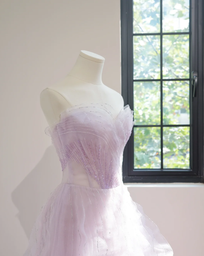 Classy Strapless Lilac Beaded Tulle Ruffles Long Birthday Prom Dress Formal Party Dress - View 2 | VelvetHem