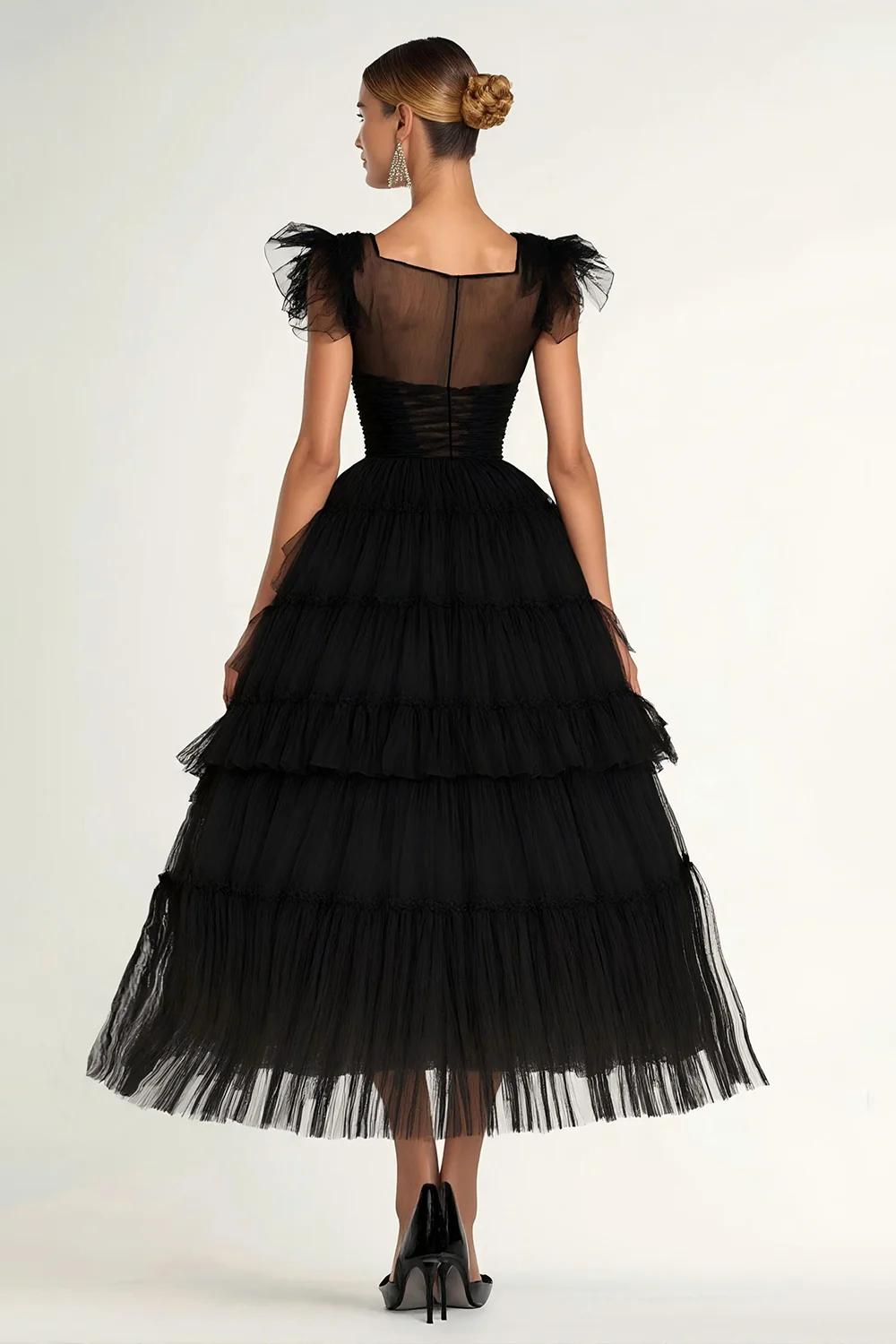 Tea Length Black Wedding Guest Dress A-Line Flatter Sleeves Tulle Formal Dress With Ruffles