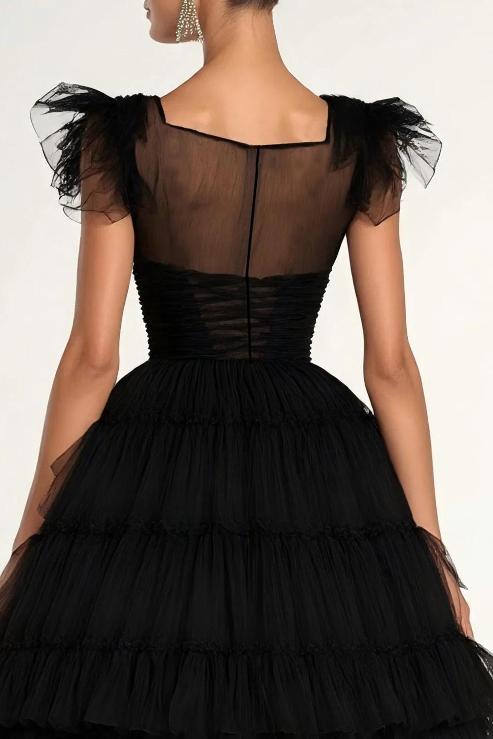 Tea Length Black Wedding Guest Dress A-Line Flatter Sleeves Tulle Formal Dress With Ruffles