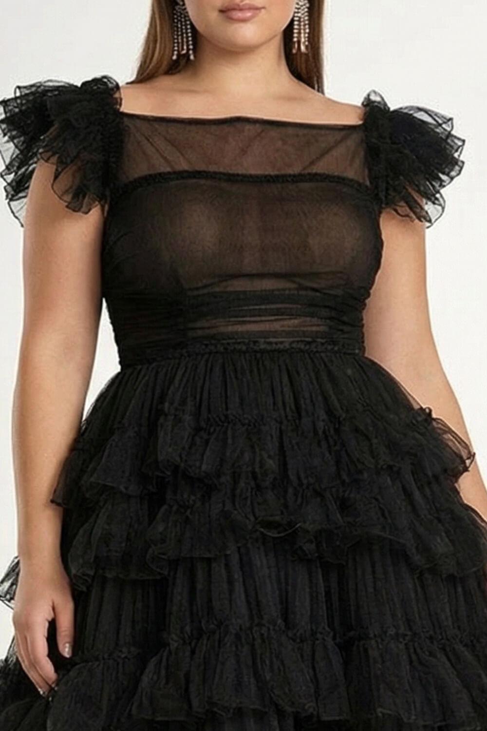 Tea Length Black Wedding Guest Dress A-Line Flatter Sleeves Tulle Formal Dress With Ruffles