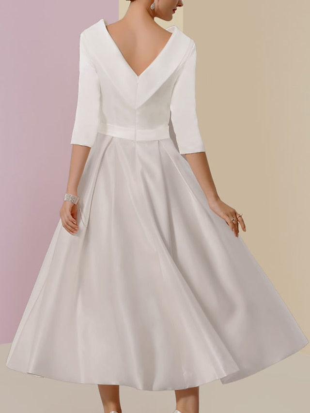 Tea Length Mother of the Bride A Line Dress with Jewel Neckline Half Sleeves Pleats and Pockets