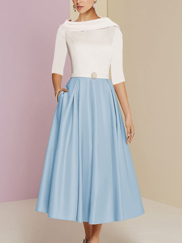 Tea Length Mother of the Bride A Line Dress with Jewel Neckline Half Sleeves Pleats and Pockets