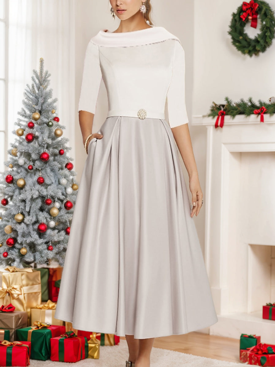 Tea Length Mother of the Bride A Line Dress with Jewel Neckline Half Sleeves Pleats and Pockets