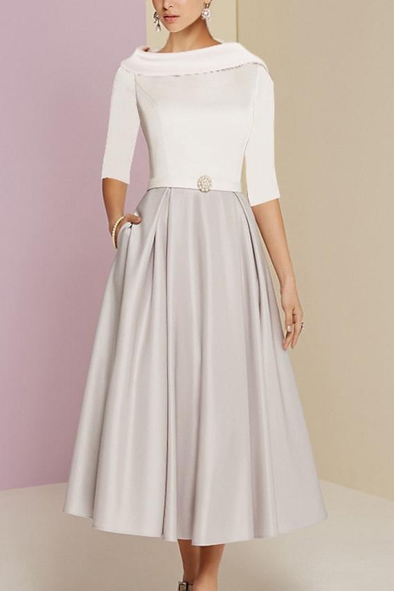 Tea Length Mother of the Bride A Line Dress with Jewel Neckline Half Sleeves Pleats and Pockets