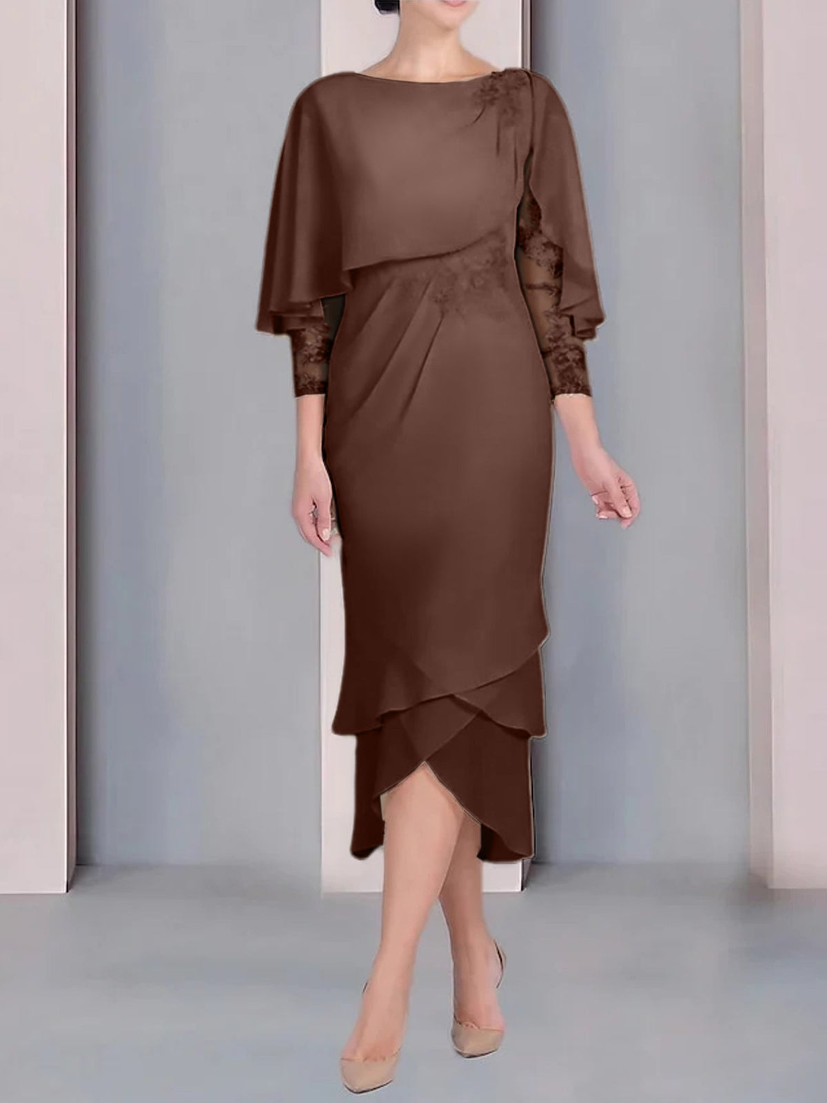 Tea Length Mother of the Bride Dress with Scoop Neck Short Sleeves and Appliqued Lace