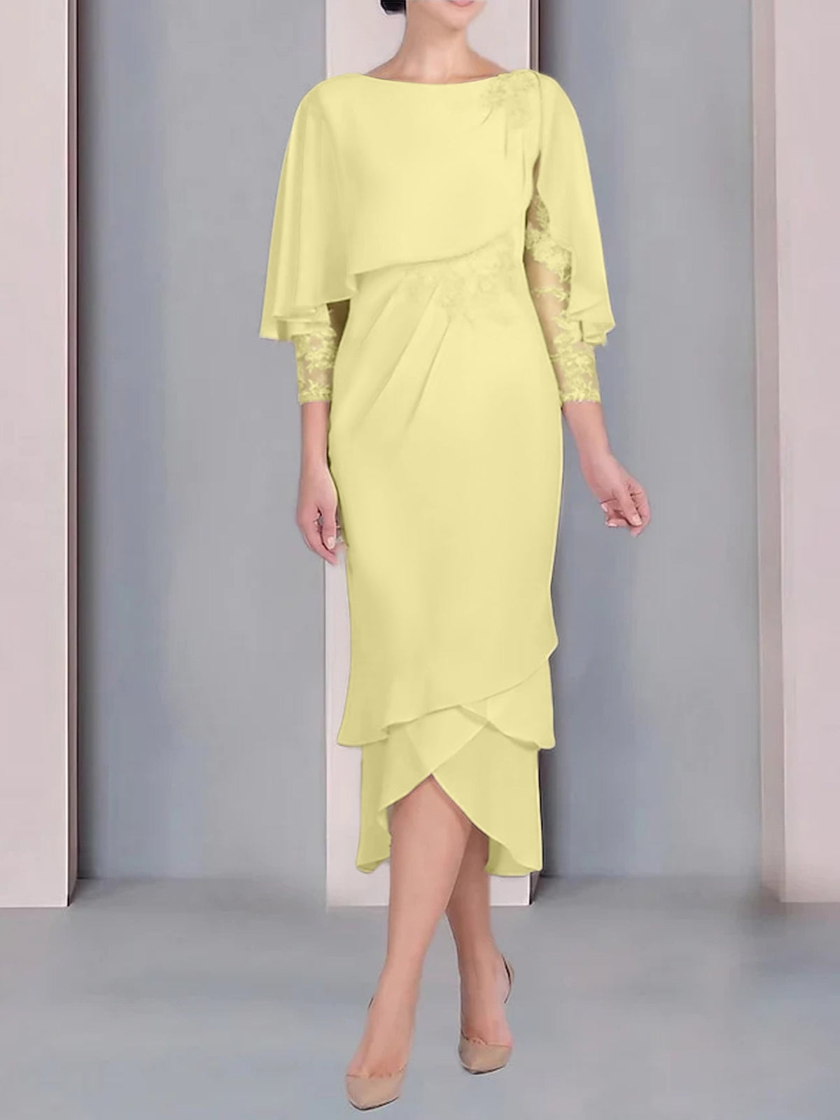 Tea Length Mother of the Bride Dress with Scoop Neck Short Sleeves and Appliqued Lace
