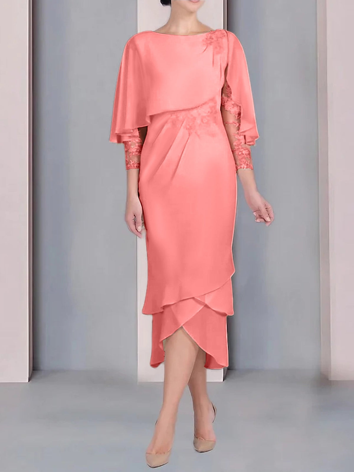 Tea Length Mother of the Bride Dress with Scoop Neck Short Sleeves and Appliqued Lace