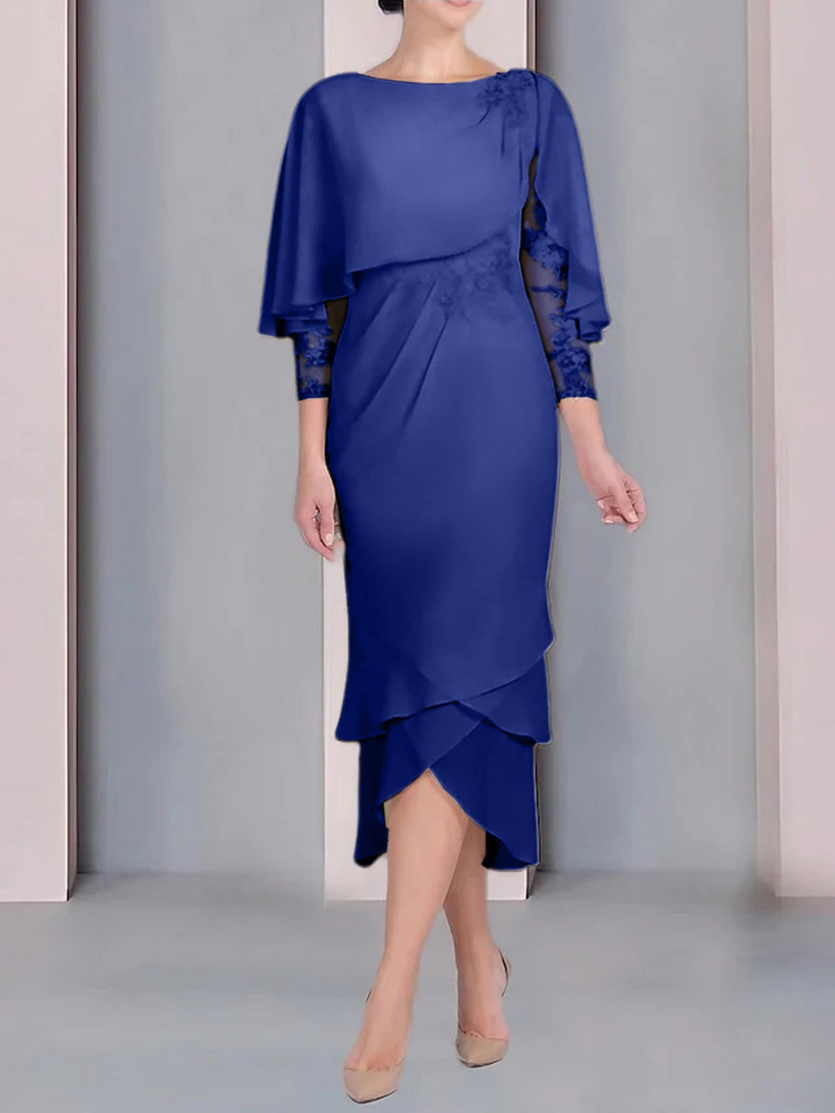 Tea Length Mother of the Bride Dress with Scoop Neck Short Sleeves and Appliqued Lace