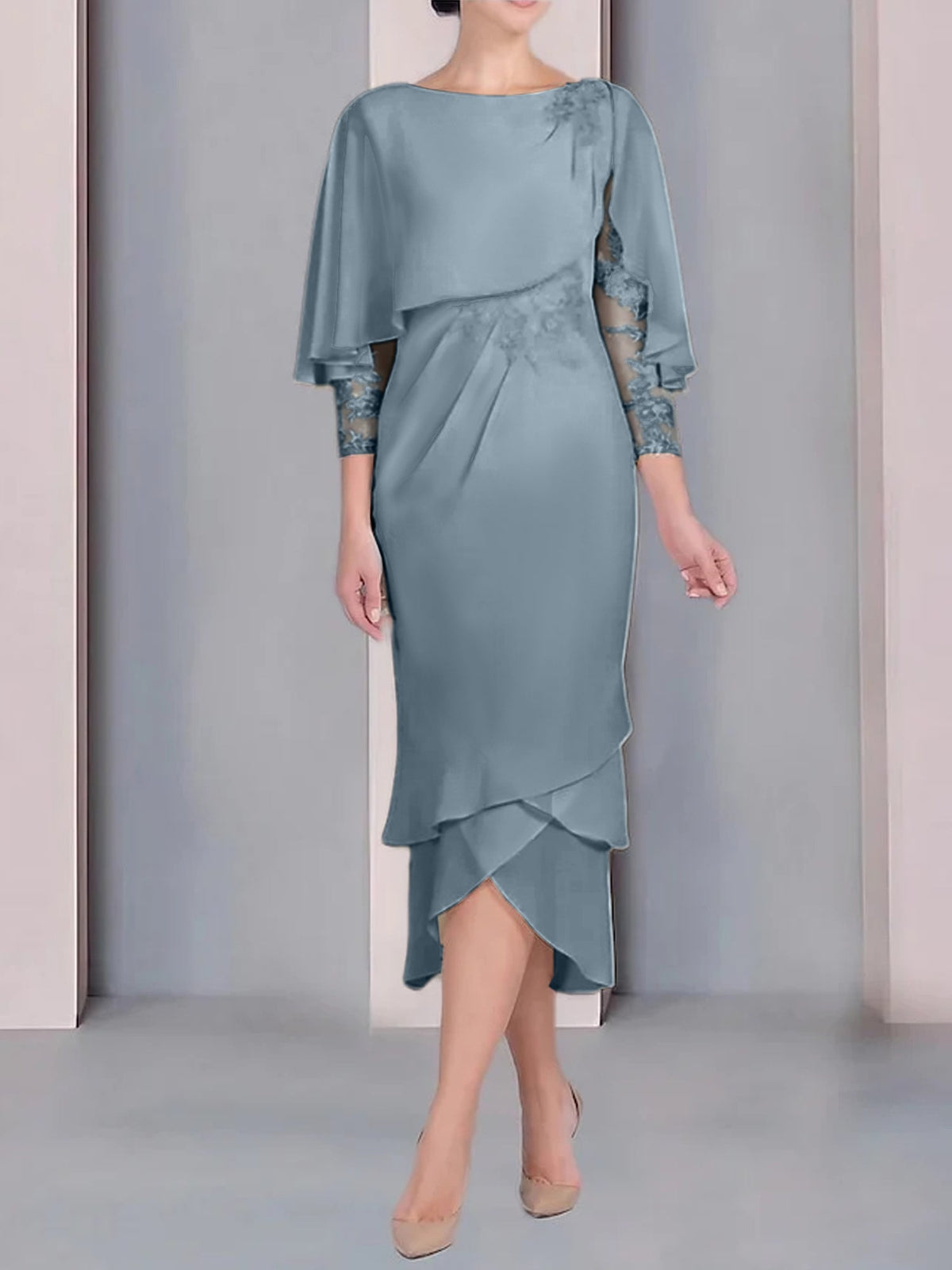 Tea Length Mother of the Bride Dress with Scoop Neck Short Sleeves and Appliqued Lace