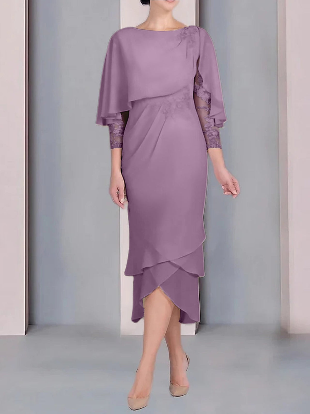 Tea Length Mother of the Bride Dress with Scoop Neck Short Sleeves and Appliqued Lace
