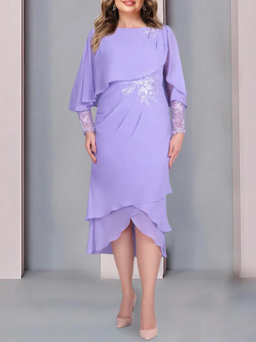 Tea Length Mother of the Bride Dress with Scoop Neck Short Sleeves and Appliqued Lace