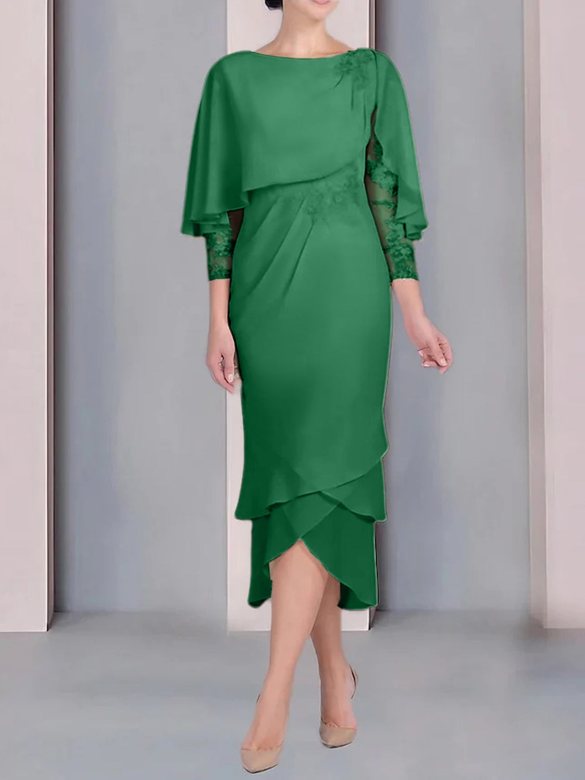 Tea Length Mother of the Bride Dress with Scoop Neck Short Sleeves and Appliqued Lace