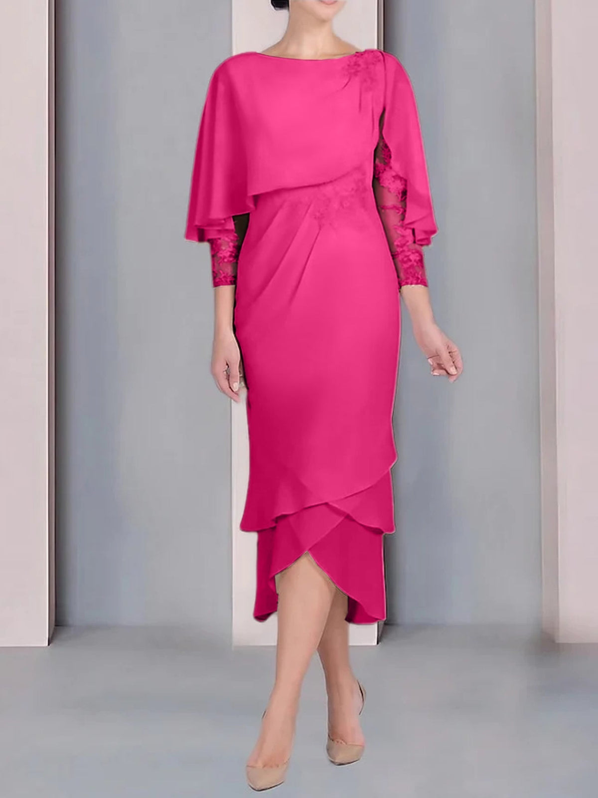 Tea Length Mother of the Bride Dress with Scoop Neck Short Sleeves and Appliqued Lace