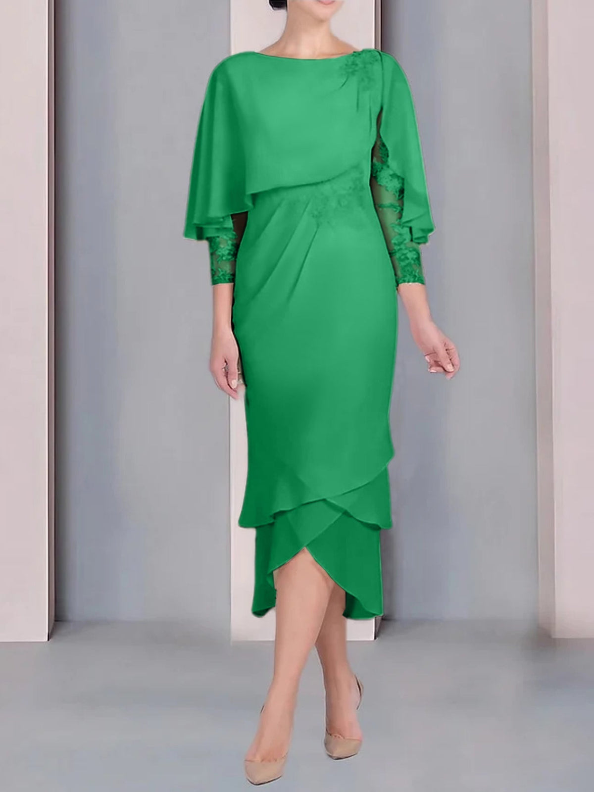 Tea Length Mother of the Bride Dress with Scoop Neck Short Sleeves and Appliqued Lace