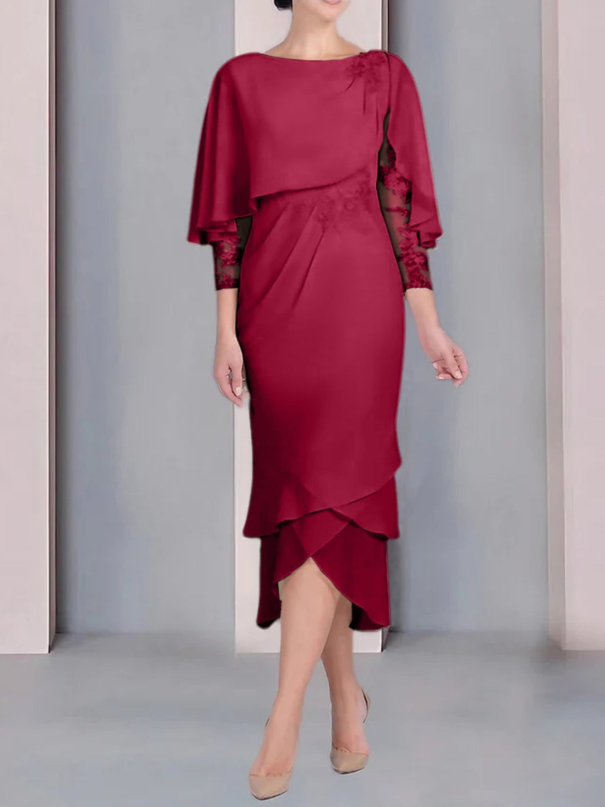Tea Length Mother of the Bride Dress with Scoop Neck Short Sleeves and Appliqued Lace