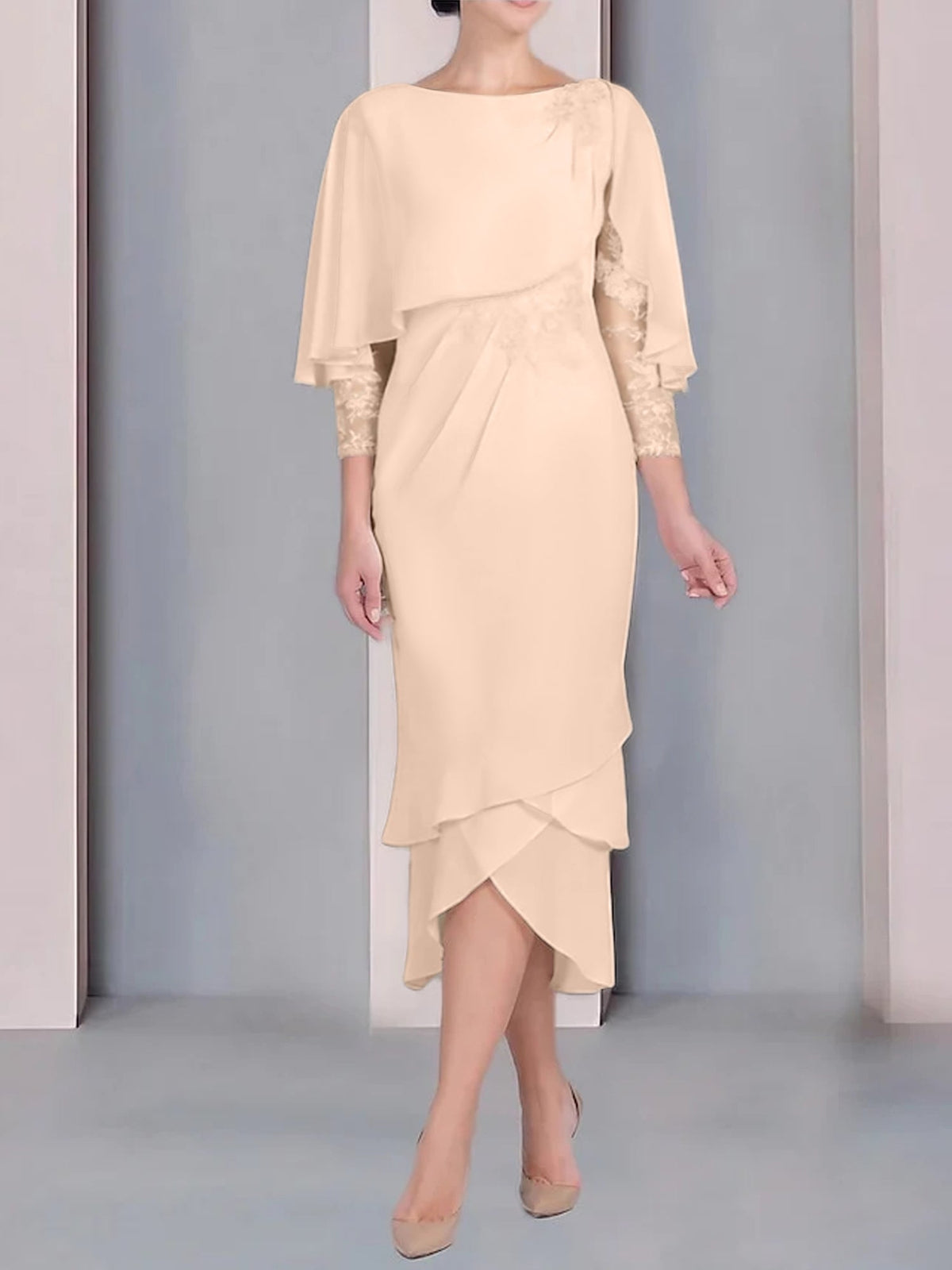 Tea Length Mother of the Bride Dress with Scoop Neck Short Sleeves and Appliqued Lace