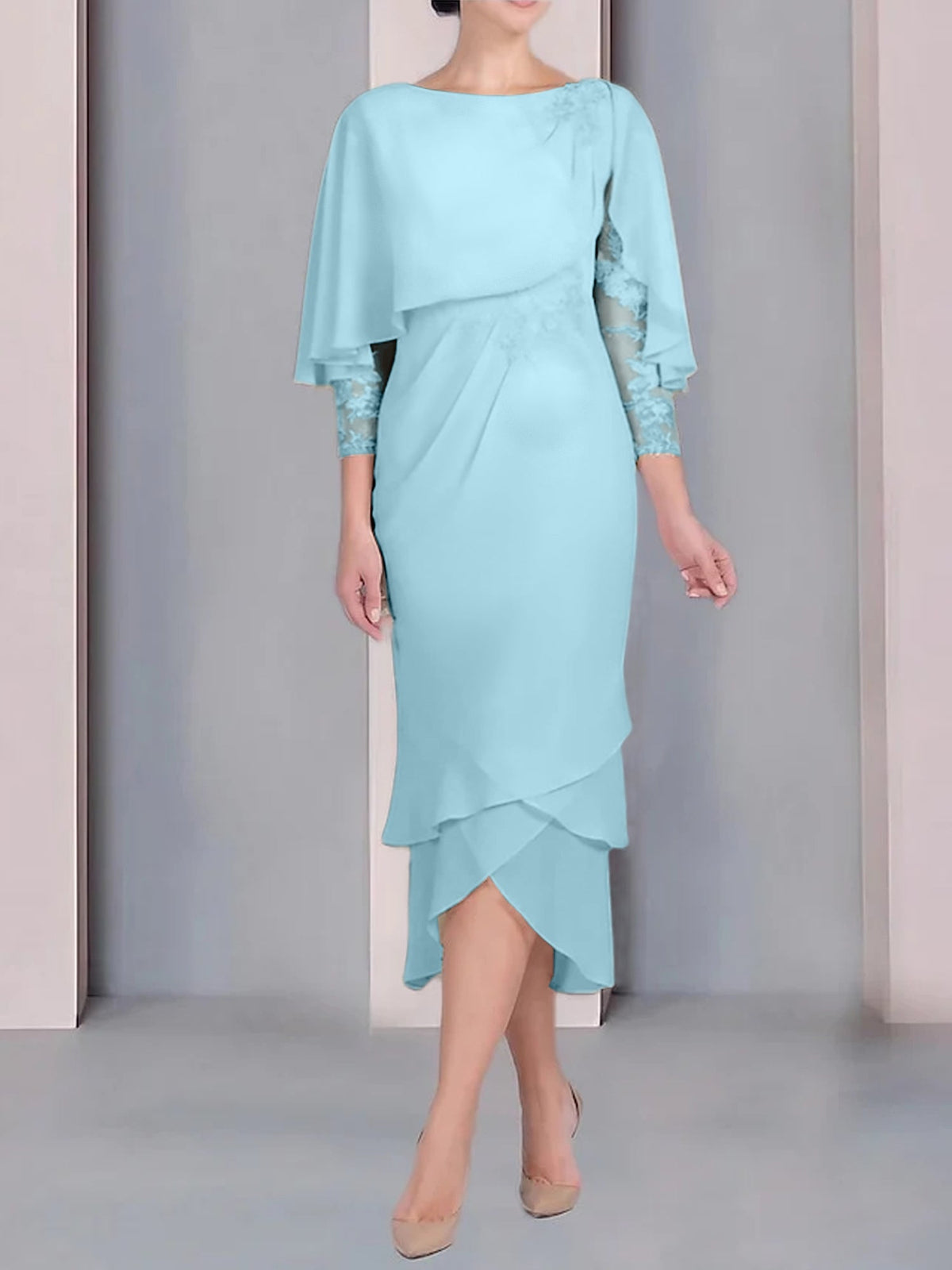 Tea Length Mother of the Bride Dress with Scoop Neck Short Sleeves and Appliqued Lace