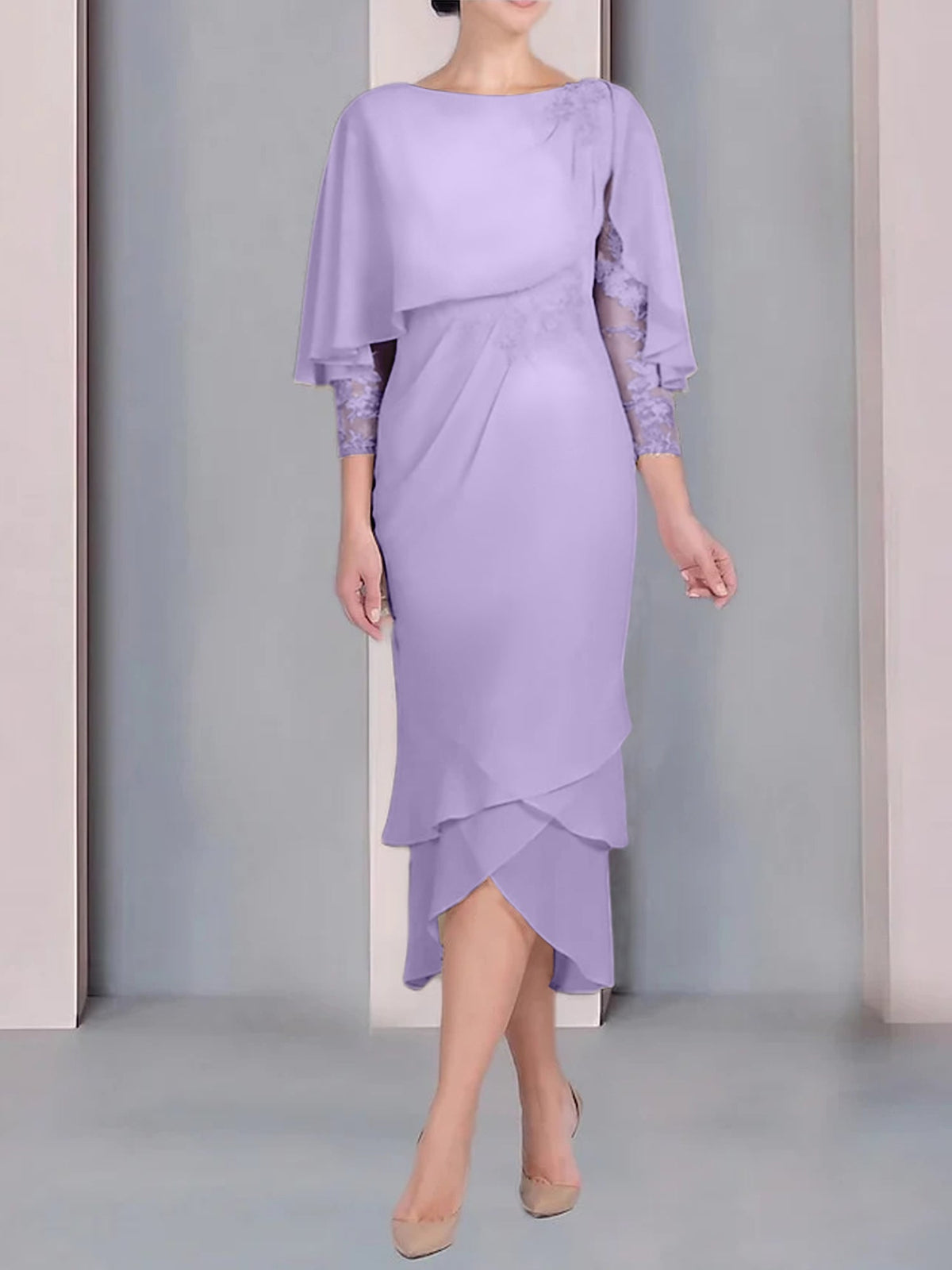 Tea Length Mother of the Bride Dress with Scoop Neck Short Sleeves and Appliqued Lace
