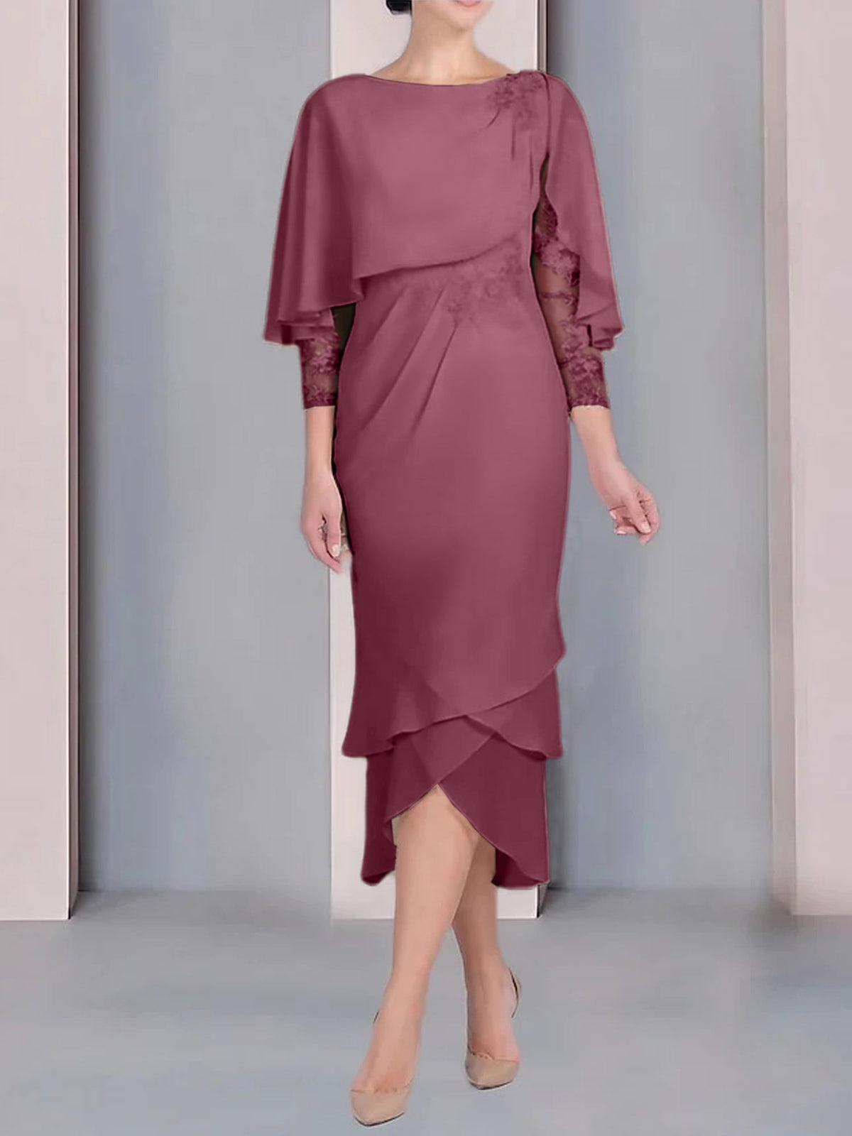 Tea Length Mother of the Bride Dress with Scoop Neck Short Sleeves and Appliqued Lace