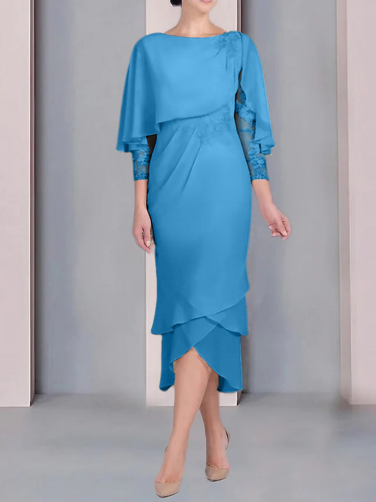 Tea Length Mother of the Bride Dress with Scoop Neck Short Sleeves and Appliqued Lace